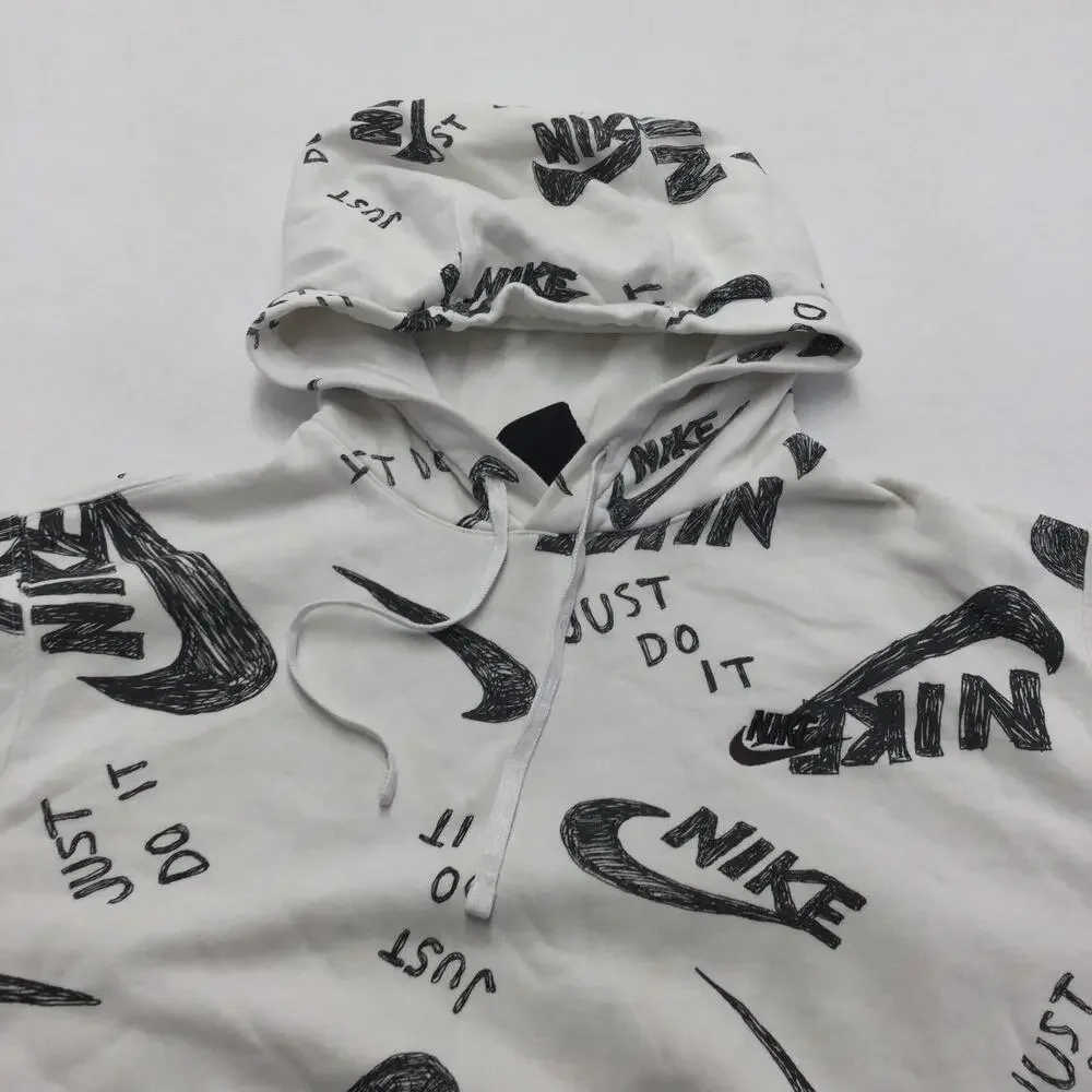 Nike Hoodie Mens Medium White Just Do It Allover Graphic Pullover Sweatshirt